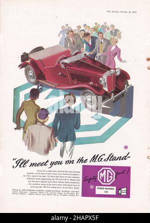 Vintage adverts in The Autocar, October 1951 Motorshow Earls Court - The M G Car Company Limited. Stock Photo