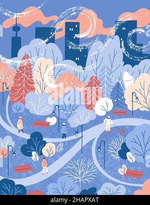 Winter evening city. People walking in the park. Stock Vector