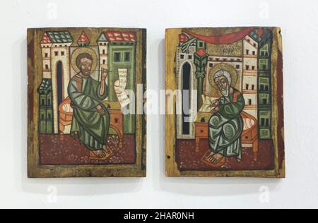 Mark the Evangelist and Matthew the Evangelist. Carpathian icons from the village of Venécia near Lukov dated from the end of the 16th century, now on display in the Slovak National Gallery (Slovenská národná galéria) in Zvolen, Slovakia. Stock Photo