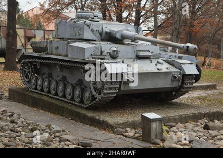 German medium tank Panzerkampfwagen IV (Pz.Kpfw. IV) commonly known as the Panzer IV used during World War II on display next to the Museum of the Slovak National Uprising (Múzeum Slovenského národného povstania) in Banská Bystrica, Slovakia. Stock Photo