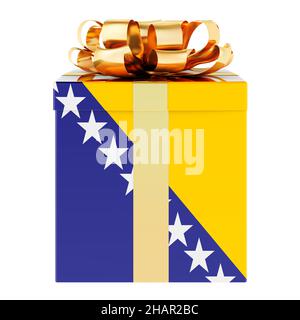 Gift box with Bosnian flag. Holiday in Bosnia and Herzegovina, concept. 3D rendering isolated on white background Stock Photo