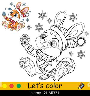Cute rabbit in a Christmas hat with snowflakes. Cartoon rabbit character. Vector isolated illustration. Coloring book with colored exemple. For card, Stock Vector