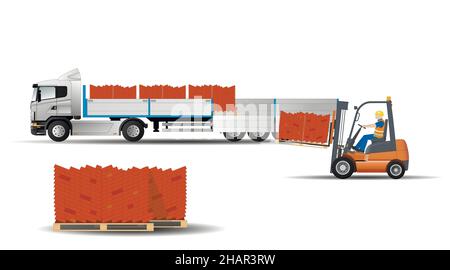 A forklift unloads a machine with building bricks on potdons, side view. Logistics and delivery of goods. Stock Vector