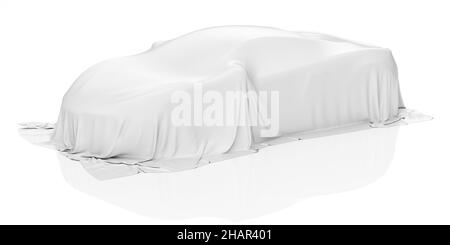 New racing design car covered with white cloth. 3d rendering illustration isolated Stock Photo