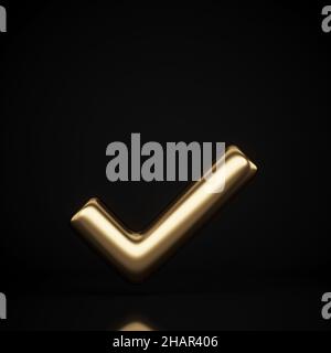 Golden check mark on black background. 3d rendering illustration Stock Photo