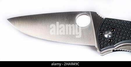 Blade of EDC folding knife on white background, horizontal banner image. Stock Photo
