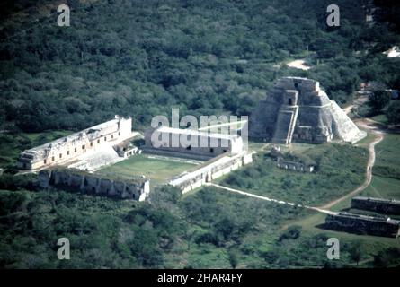 Uxmal Yucatan Mexico. 12/27/1985. Aerial image of Uxmal ruins Stock Photo