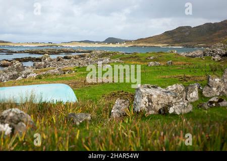 View across the inlet of Portuairk to the scattered township of Sanna on the west end of the Ardnamurchan peninsula, Lochaber, Scotland. Stock Photo