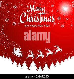 Christmas background with santa claus sleigh and reindeer. Vector template for greeting card Stock Vector