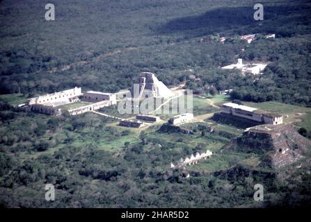 Uxmal Yucatan Mexico. 12/27/1985. Aerial image of Uxmal ruins Stock Photo