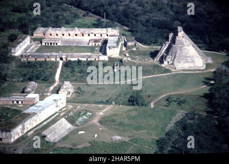 Uxmal Yucatan Mexico. 12/27/1985. Aerial image of Uxmal ruins Stock Photo