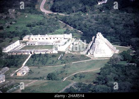 Uxmal Yucatan Mexico. 12/27/1985. Aerial image of Uxmal ruins Stock Photo