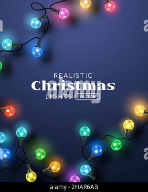 Glowing colorful christmas fairy light chains. Holiday background vector illustration layout. Stock Vector