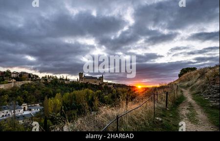 Sunset at Alcazar of Segovia, medieval castle and palace in Spain. Stock Photo