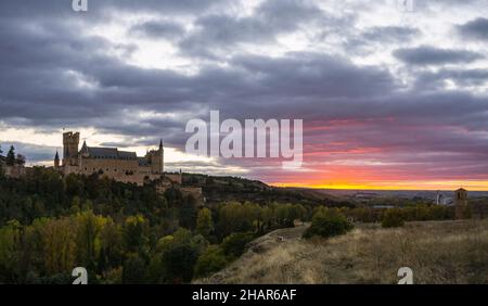 Sunset at Alcazar of Segovia, medieval castle and palace in Spain. Stock Photo