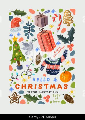 Winter and christmas season hand made decoration designs including plants, lights and festive treats! Vector illustration. Stock Vector