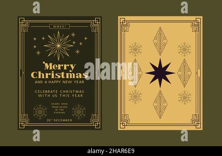 Christmas greetings invite design background with 1920's and 1930's art deco style gold detailing. Festive frame vector illustration. Stock Vector