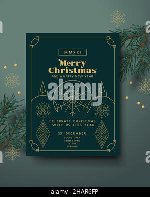 Vintage christmas invitation art deco layout design with gold detailing. Vector illustration Stock Vector