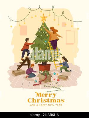 A happy family at home enjoying decorating the christmas tree. Festive people vector illustration. Stock Vector