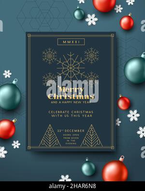 A christmas themed invitation with 1920s art deco gold decorations. Festive frame vector illustration. Stock Vector