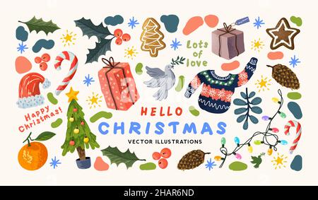 Merry Christmas  hand made decoration designs including plants, lights and festive treats! Vector illustration. Stock Vector