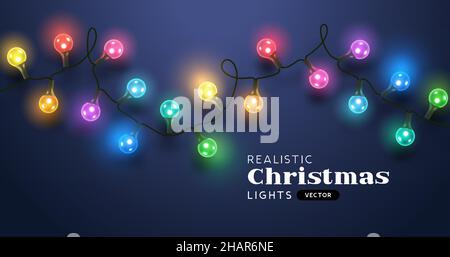 Festive colorful christmas lights fairy chain. Holiday background vector illustration layout. Stock Vector