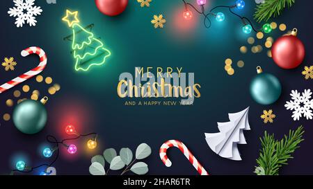 Merry Christmas and new year background layout design with xmas decorations and treats. Vector illustration. Stock Vector
