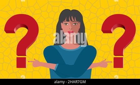 Confused woman, hard to decide what could be right. Vector illustration. Dimension 16:9. Stock Vector