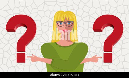 Difficult decision. Woman with questiion marks. Vector illustration. EPS10. Dimension 16:9. Stock Vector