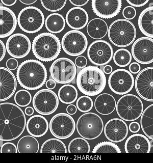 Seamless pattern with bicycle wheels. Bike rubber tyre silhouettes. Fitness cycle, road and mountain bike. Vector illustration. Stock Vector