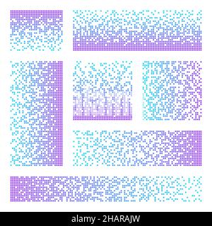 Pixel disintegration, decay effect. Various rectangular elements made of colorful square shapes. Dispersed dotted pattern. Mosaic texture with simple Stock Vector