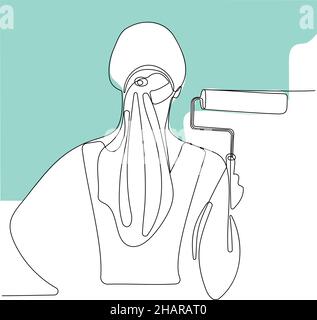 Painter wearing gloves painting wall using roller Stock Vector