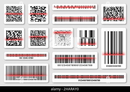 Product barcodes and QR codes with red scanning line. Identification tracking code. Serial number, product ID with digital information. Store Stock Vector