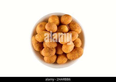 Coated Peanut in Bowl Isolated on white Background with Clipping Path Stock Photo