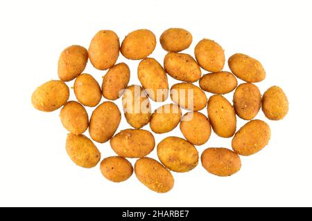Top View of Spicy Coated Peanuts Isolated on White Background with clipping path Stock Photo