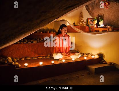 Meditation Cave at Kamalaya, Koh Samui, Thailand. Buddhist monks once lived and meditated at Arjun Cave located in the center of Kamalaya resort. Stock Photo