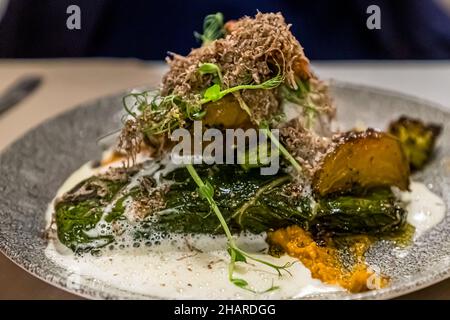 Dish of chef Alexandre Dimtch, Restaurant Saint Marc, Aups, with freshly grated black truffles in Aups, France Stock Photo