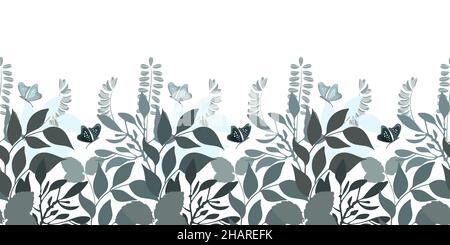 Vector floral seamless pattern, border. Horizontal panoramic image with turquoise and gray-green herbs. Stock Vector