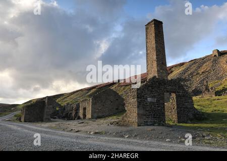 The remains of Old Gang Lead Mine & smelting mill, near to Reeth in Swaledale, Yorkshire Dales. Stock Photo