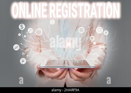 Text caption presenting Online Registration. Business overview Process to Subscribe to Join an event club via Internet Lady In Uniform Standing And Stock Photo