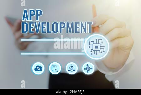 Text sign showing App Development. Business idea Development services for awesome mobile and web experiences Lady In Uniform Standing Holding Tablet Stock Photo