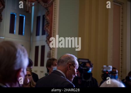 Washington, United States Of America. 14th Dec, 2021. United States Senate Majority Leader Chuck Schumer (Democrat of New York) offers remarks during the Senate Democrat's policy luncheon press conference at the US Capitol in Washington, DC, Tuesday, December 14, 2021. Credit: Rod Lamkey/CNP/Sipa USA Credit: Sipa USA/Alamy Live News Stock Photo