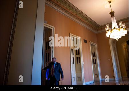 Washington, United States Of America. 14th Dec, 2021. United States Senate Majority Leader Chuck Schumer (Democrat of New York) arrives at the Senate Democrat's policy luncheon press conference at the US Capitol in Washington, DC, Tuesday, December 14, 2021. Credit: Rod Lamkey/CNP/Sipa USA Credit: Sipa USA/Alamy Live News Stock Photo