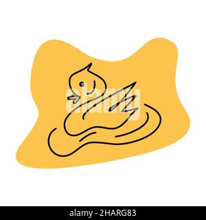 The contour drawing of a swan bird chick against the background of a spot of a trendy yellow shade in the style of minimalism in one continuous line. Hand-drawn. Vector illustration is suitable for design on fabric and napkin for cafe and restaurant menu banner business card and greeting card or sticker. Stock Vector
