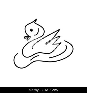 Outline drawing of swan bird chick in a minimalistic style with a solid line. Hand-drawn. Vector illustration is suitable for design on fabric and napkin menu of cafe and restaurant banner and business card and greeting card. Isolate on a white background. Stock Vector