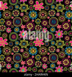 Floral seamless pattern with stylized flowers over black background Stock Vector