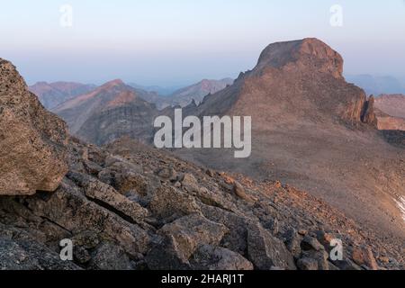 From nearby Mount Meeker, a rare view of the summit of the highest peak in Rocky Mountain National Park. Stock Photo