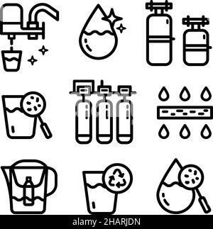 Water purification outline icon set. Wastewater treatment collection. Flat line design. Stock Vector