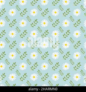 Summer seamless pattern with chamomiles and leaves. Cute romantic prince with flowers. Spring background with daisies. Vector illustration Stock Vector