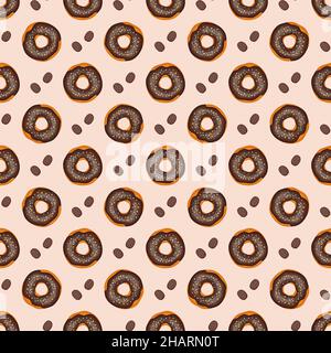 Seamless pattern from glazed donuts and coffee beans. Print from sweet pastries for birthday, holiday and party. Vector flat illustration of dessert and food Stock Vector
